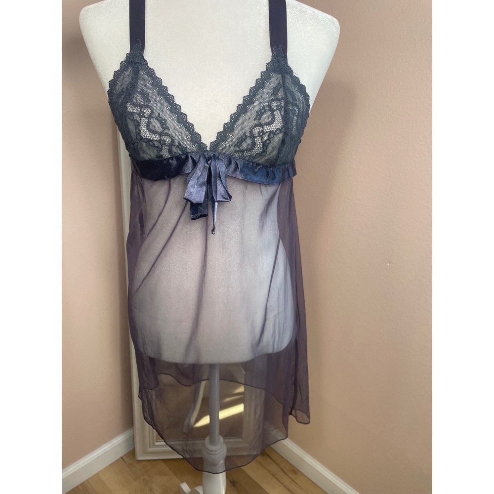 Cloe Purple Sheer‎ Mesh Lace Halter Babydoll Chemise Lingerie Large